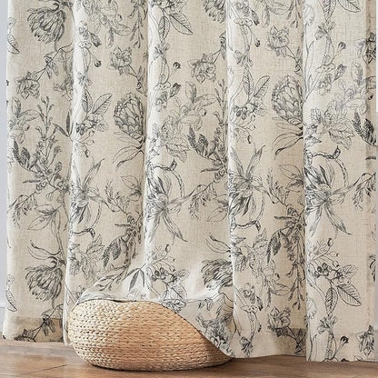 jinchan Floral Curtains 108 Inch Length Black Flower Linen Farmhouse Curtain for Living Room French Country Vintage Curtain Rod Pocket Curtains Set 2 Panels Balck Floral Printed