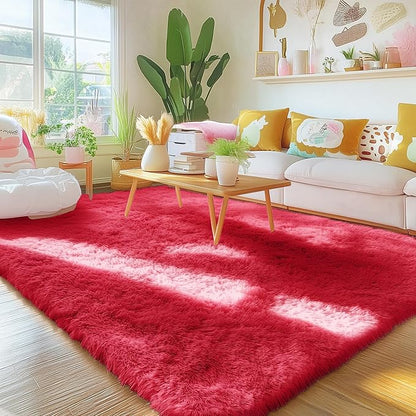 OLANLY Area Rugs for Living Room Bedroom, Machine Washable 4x5.9 ft Soft Fluffy Shaggy Bedside Rug, Indoor Floor Carpet for Kids Girls and Boys, Dorms, Nursery Rooms, Home Decor Aesthetic, Red