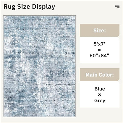 Abstract Rug 5x7 Machine Washable Area Indoor Blue Low Pile Non-Slip Foldable Thin Accent Rugs for Bedroom Living Room Dining Room