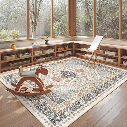 Area Rugs 5x7, Ultra-Thin Washable Rugs for Living Room, Anti-Slip Backing Area Rug for Bedroom, Soft Floral Vintage Home Decor Rug for Dining Room(Blue/Red/Multi,5'x7')