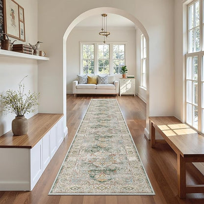 Madane Hallway Runner Rug 2x12, Extra Long Washable Runner Rugs with Rubber Backing, Non Slip Carpet Runner for Hallway, Vintage Rug Runners for Kitchen Laundry Room Entryway (Green, 2'x12')
