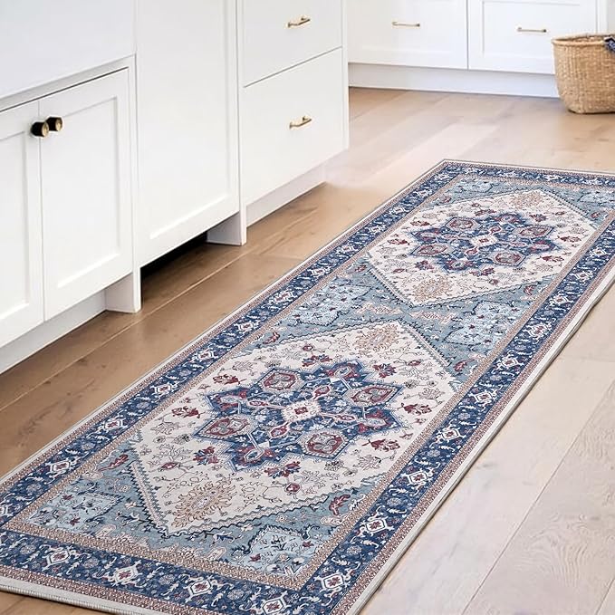 OPPODREAM Soft Entryway Rug 2x6, 2x6 Rug Runner, Washable Hallways Carpet 2 x 6 with Non Slip Backing, Low-Pile Bedside Carpet 2 x 6, Long, Faux Cashmere, Navy Blue & Red & Cream