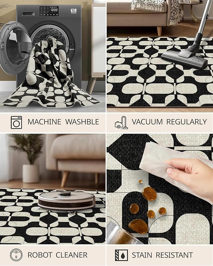 Latte&Fog 5x7 Area Rugs for Living Room Bedroom, Black Vintage Washable Rug, Boho Non Slip Low Pile Carpet for Dining Room, Dorm, Classroom, College Dorm, Farmhouse and Home Office - Black Beige