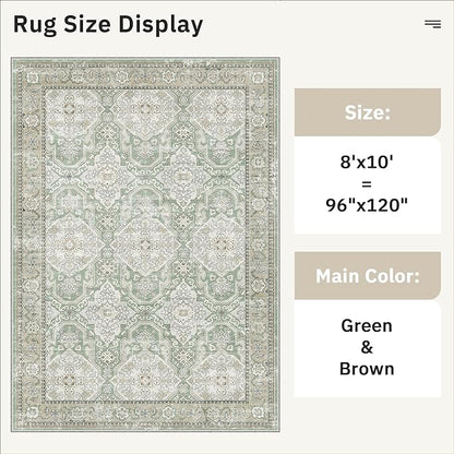 8x10 Area Rugs, Washable Rugs, Large Stain Resistant Area Rug for Living Room Bedroom Dining Room, Vintage Farmhouse Rug Green