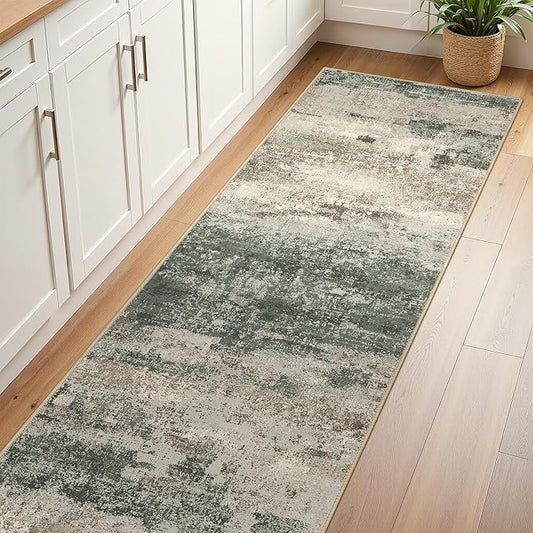 Runner Rug for Hallway Kitchen, 2'6"x12' Machine Washable Runners Rug for Entryway, Soft Modern Abstract Throw Rugs, Low Pile Floor Cover with Non Slip Backing, Grey/Dark Green