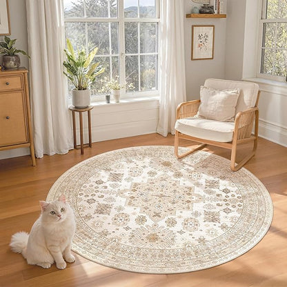 zesthome Washable Round Area Rugs - Non-Slip 6ft Round Rugs, Ultra-Thin Large Circle Rugs for Living Room, Soft Low Pile Rug for Bedroom, Kitchen, Nursery - Vintage Round Rug(Cream/Beige,6'x6')