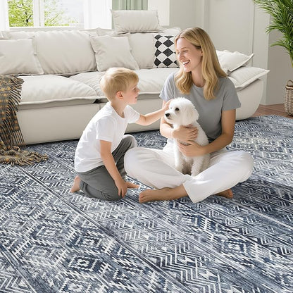 9x12 Area Rugs Washable Rug: Anti-Skid Abstract Modern Living Room Rug Soft Thin Carpets Indoor Floor Non-Shedding Carpet for Bedroom Dining Farmhouse Nursery Home Office (Blue Grey White, 9'x12')