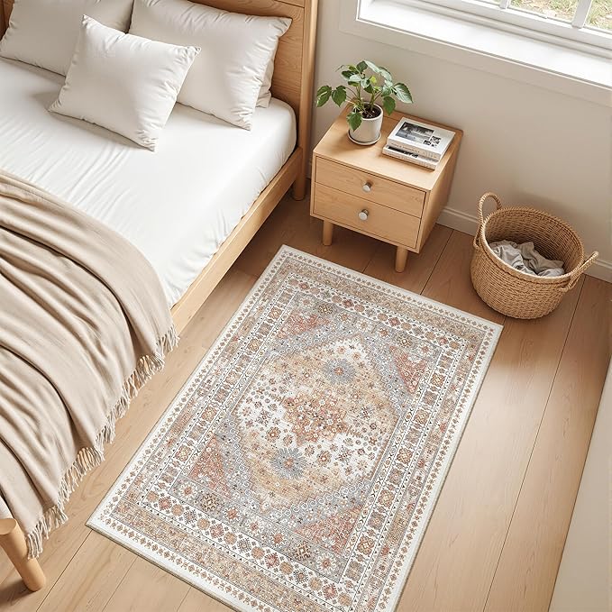 zesthome 2x3 Entryway Rug, Soft Washable Rugs, Non Slip Area Rug, Stain Resistant Low Pile Rugs for Bedroom, Vintage Rug for Door Mat, Kitchen (Orange,2'x3')