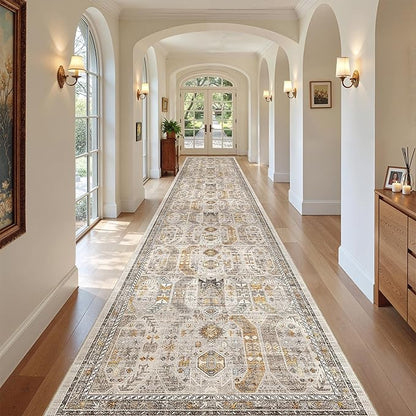 Madane Hallway Runner Rug 3x18 - Kitchen Rugs 18ft Washable Entryway Rug Vintage Kitchen Runners Non Slip Indoor Area Rug Farmhouse Carpet Runner for Bathroom Living Room Bedroom, Brown/Gold