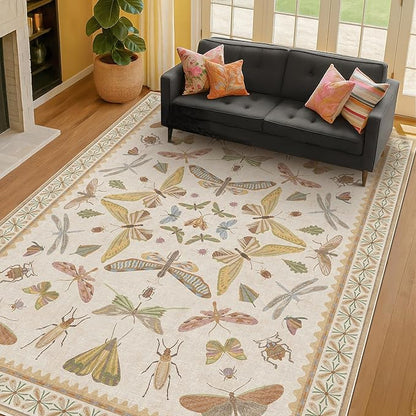 Hazo Haus Washable Neutral Area Rug Living Room, 5x8 Washable Rugs for Bedroom Under Bed, Nursery Room, Boho Vintage Insect Butterfly Non-Slip Low Pile Stain Resistant - Beige/Yellow