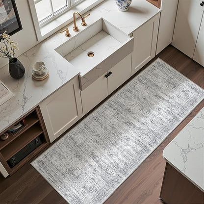 Washable Runner Rugs for Bedroom - 2x6 Runner Rug Non Slip, Ultra-Thin Entryway Runner, Soft Abstract Kitchen Runner for Hallway, Laundry, Bathroom, Indoor Door Mat(2'x6', Grey/Ivory)