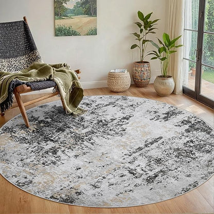 Round Rug 6ft Circle Rug Washable: Carpet Small Circular Area Rug for Entryway Kitchen Bedroom Dining Room Living Room 6 Feet Abstract College Dorm Non Slip Low Pile Black Grey Gold