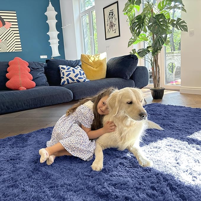 OLANLY 2x5 Machine Washable Runner Rugs for Hallway, Soft Fluffy Shaggy Bedside Rugs for Bedroom, Living Room, Indoor Floor Carpet for Kids Girls and Boys, Home Decor Aesthetic, Denim Blue