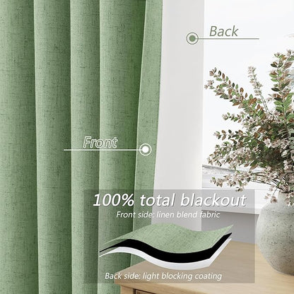 Guken Light Sage 100% Blackout Linen Curtains 72 Inch Length 2 Panels Set for Living Room Bedroom Back Tab/Rod Pocket Thermal Insulated Black Out Drapes Room Darkening Window Curtains