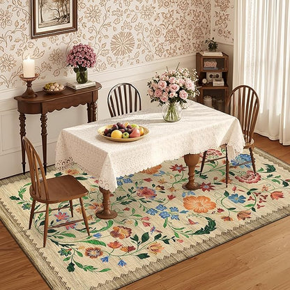 GarveeHome Washable Rug 3x5 Area Rugs for Living Room, Floral Rug for Bedroom, Soft Boho Non Slip Throw Rugs with Rubber Back, Low Pile Stain Resistant Vintage Floral Carpet for Dining Room, Beige