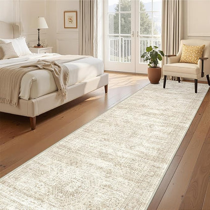 3x10 Runner Rug Non Slip Washable for Entryway, Vintage Hallway Runner for Front Porch, Laundry Room, Bedroom, Abstract Stain Resistant Thin Indoor Kitchen Mats for Floor(3'x10', Beige/Ivory)