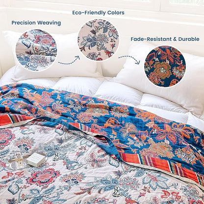 MSGKV Boho Throw Blanket 60"x80" 100% Cotton Floral Blanket for Bed Couch Spring Breathable Lightweight Twin Blankets All Seasons Home Decor Muslin