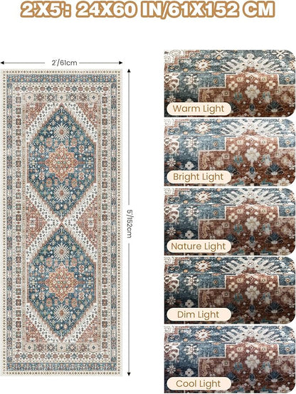 2x5 Rug Runner Washable for Entryway, Soft Bathroom Rugs with Non-Slip Backing,Vintage Low Pile Stair Runner, Small Kitchen Carpet for Hallways, Laundry Room(Blue/Red,2'x5')