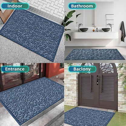 Bulijojo Sturdy Front Entrance Doormats,Durable Heavy Duty Welcome Mat,Thick Absorbent Natural Rubber Non Slip Mat,Easy Clean Entryway Mat Leaves Blue, 47" x 32"