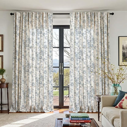jinchan Linen Floral Curtains 100 Inch Extra Wide for Patio Sliding Glass Door Room Divider Curtain for Living Room 108 Inch Length Farmhouse Peony Blue Printed Curtain Set 1 Panel