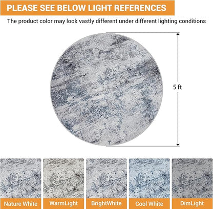 Round Rug 5ft Circle Rug Washable: Carpet Small Circular Area Rug for Entryway Kitchen Bedroom Dining Room Living Room 5 Feet Abstract College Dorm Non Slip Low Pile Blue Grey