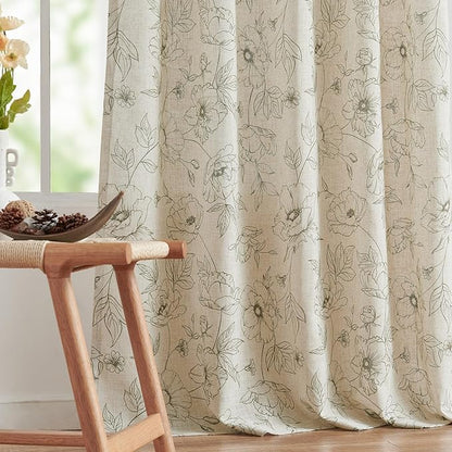 jinchan Floral Linen Curtains for Living Room 96 Inch Length Green Flower Curtain Rod Pocket Back Tab Farmhouse Curtains with Printed Floral Bedroom Window Curtain Set, 2 Panels Green