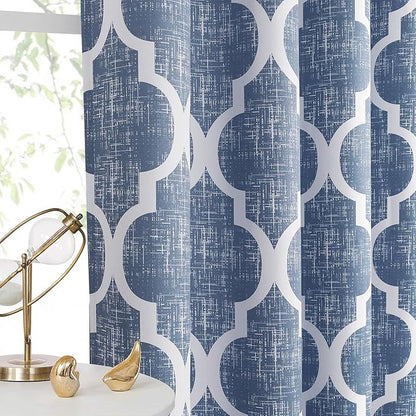 Beauoop 100% Blackout Curtains 84 Inches Long 2 Panels for Bedroom Living Room Blue Moroccan Geo Room Darkening Thermal Insulated Soundproof Grommet Top Window Treatments Drapes, 50x84 Set of 2