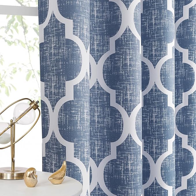 Beauoop 100% Blackout Curtains 45 Inches Long 2 Panels for Bedroom Living Room Blue Moroccan Geo Room Darkening Thermal Insulated Soundproof Grommet Top Window Treatments Drapes, 50x45 Set of 2