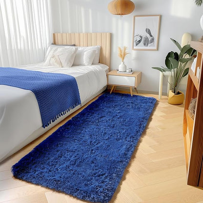 ONASAR Navy Blue Runner Rugs for Bedroom Living Room, Fluffy 2x6 Bedside Hallway Area Rug, Ultra Soft Plush Furry Faux Fur Non Slip Floor Carpet for Nursery Kids Dorm Closet Home Decor