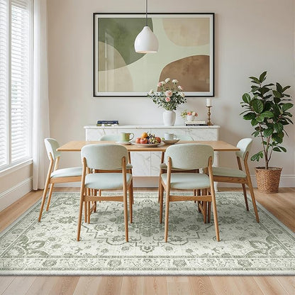 Madane 9x12 Area Rugs for Living Room, Machine Washable Vintage Green Rug with Non-Slip Backing, Soft Throw Large Rug, Thin Carpet for Bedroom Dining Room Farmhouse Under Table, Green/Ivory
