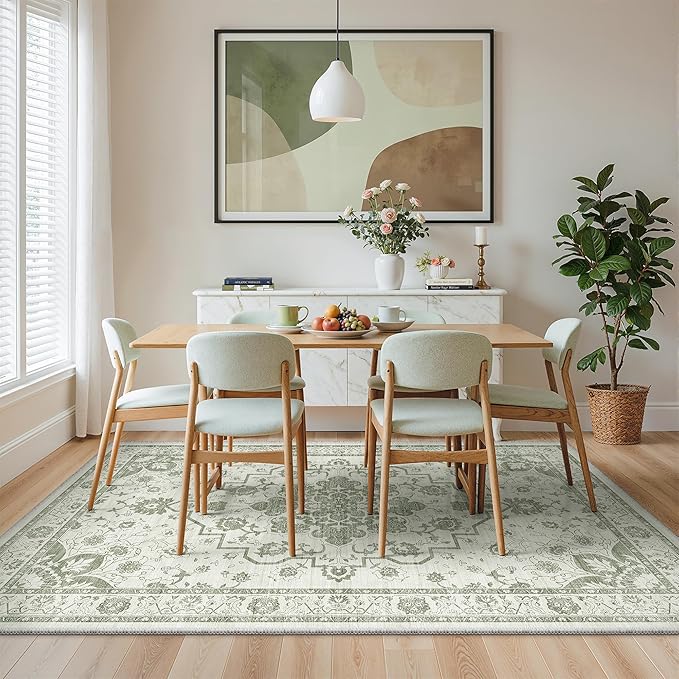 Madane 8x10 Area Rugs for Living Room, Machine Washable Vintage Green Rug with Non-Slip Backing, Soft Throw Large Rug, Thin Carpet for Bedroom Dining Room Farmhouse Under Table, Green/Ivory