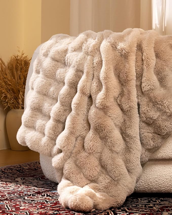Ultra Soft Cozy Faux Fur Throw Blanket, Fuzzy Plush Thick Bubble Blanket, Oversize Luxury Fluffy Blanket for Couch, Sofa, Bedroom, and Living Room, 50x60 Inches, Light Brown