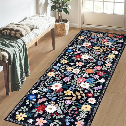 Runner Rug for Entryway: 2.6x8 Kitchen Rugs Non Slip Washable Ultra-Thin Soft Floral Carpet Indoor Floor Stain Resistant Carpets for Hallway Bedroom Kitchen Laundry Bathroom Dorm Black