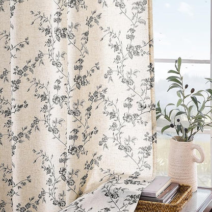 Lazzzy Farmhouse Linen Curtains Black Floral Curtains 96 Inch Length Back Tab Drapes for Living Room Bedroom Light Filtering Country Vintage Rod Pocket Curtain, 2 Panels, Black on Beige