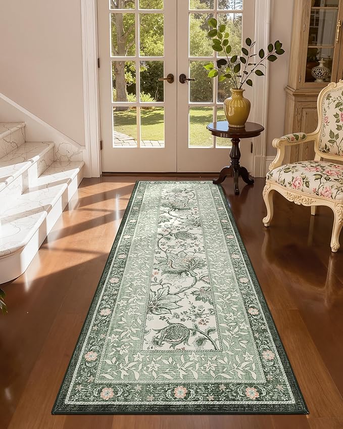 GarveeHome Sage Green 2.5 x 8 Washable Kitchen Runner Rugs Non Slip Provence Vintage Boho Cottage Long Rug for Hallways Bedroom Entryway Bathroom Mat with Rubber Back