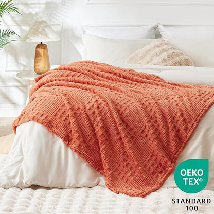 EXQ Home Fleece Throw Blanket for Couch or Bed - 3D Waffle Patchwork Pattern Jacquard Decorative Blankets - Cozy Soft Fuzzy Flannel Blanket Suitable for All Seasons(50"×60",Terracotta)