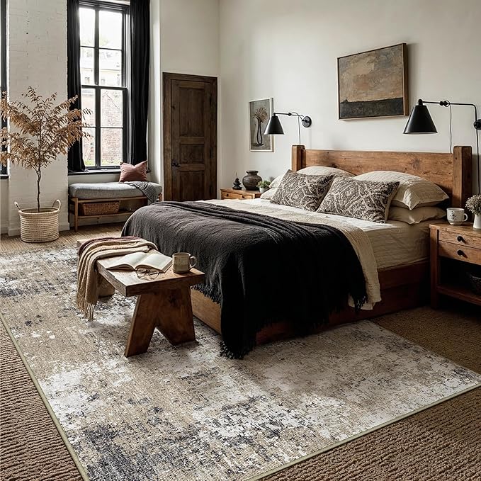 6x9 Abstract Area Rug Brown Washable Modern Neutral Living Room Carpet Non Slip Ultra Soft Low Pile Contemporary Bedroom Large Rug Indoor Office Dining Room Under Table Playroom