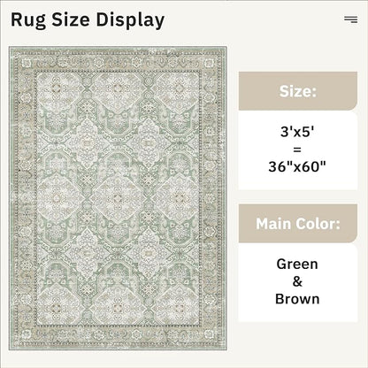 3x5 Rug, Small Area Rug for Kitchen, Entryway, Machine Washable Non-Slip Throw Rug, Vintage Carpet for Nursery Coffee Table Green/Brown
