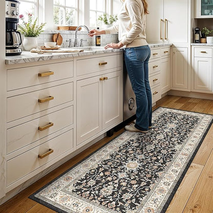 Washable 3x7 Kitchen Runner Rug: Non-Silp Runners Mat for Entryway Bathroom Indoor Entry Hallway Bedroom Laundry Soft Low Pile Distressed Carpet (Black, 3X7)