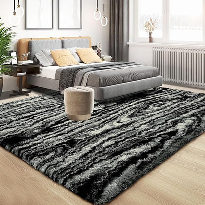 Tepook Soft Fluffy Rugs for Bedroom, 4x6 Area Rug for Living Room, Modern Shaggy Room Rug for Kids Boys Girls, Plush Throw Rugs Indoor Nursery Home Decor Rug with Non-Slip Bottom, Black White