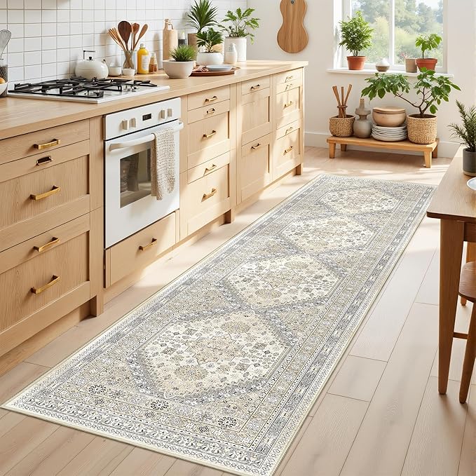 Runner Rug 2x8 Runners for Hallways Non Slip Washable, Vintage Hallway Runner Rugs for Living Room, Low Pile Soft Hallway Rug for Kitchen Bedroom Laundry Room Rug(Beige,2'x8')