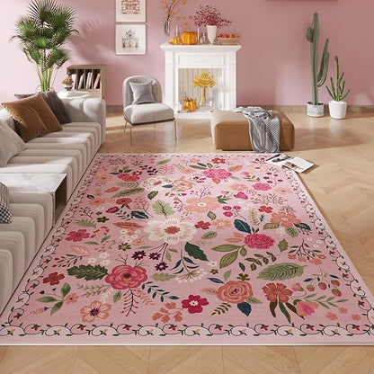 Rugcomf Area Rugs 8x10 Rug for Living Room Clearance Washable Boho Area Rug Non Slip Floral Vintage Low Pile Large Rug for Living Room, Bedroom, Farmhouse, Dining Room, Kids Playroom(Pink)