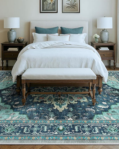 Area Rugs 9'x12' Washable Non-Slip, Floral Vintage Distress Print Pattern Medallion Carpet for Living Room Bedroom Dining Room, Teal Green Lake Blue Turquoise