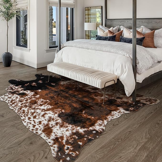 Cow Print Faux Cowhide Rug, Fluffy Fur 5.2x7 Feet Washable Cow Rugs for Living Room Bedroom Animal Print Hide Skin Rustic Western Décor Black and Brown