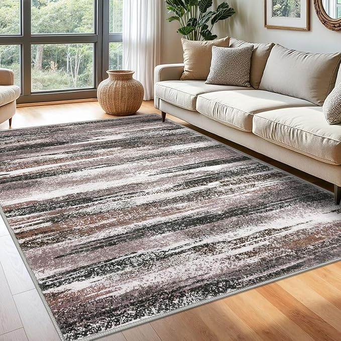 Lansny Modern Abstract 6x9 Machine Washable Living Room Rug Non-Slip Soft Bedroom Area Rug Dark Light Brown White Ultra Thin Print Faux Wool Floor Carpet Throw Rugs for Dining Room Indoor Office