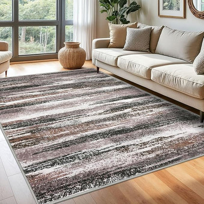 Lansny Modern Abstract 6x9 Machine Washable Living Room Rug Non-Slip Soft Bedroom Area Rug Dark Light Brown White Ultra Thin Print Faux Wool Floor Carpet Throw Rugs for Dining Room Indoor Office