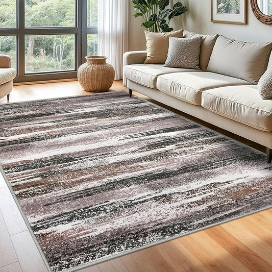 Lansny Modern Abstract 6x9 Machine Washable Living Room Rug Non-Slip Soft Bedroom Area Rug Dark Light Brown White Ultra Thin Print Faux Wool Floor Carpet Throw Rugs for Dining Room Indoor Office