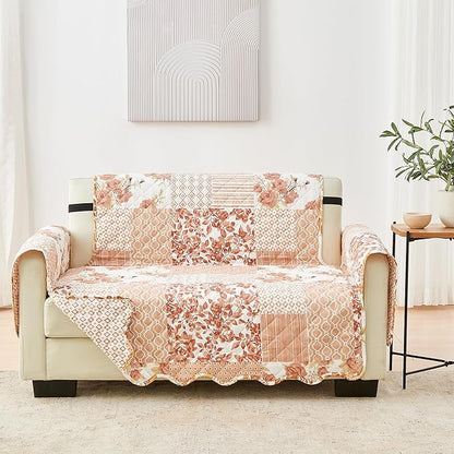 Great Bay Home Reversible Patchwork Loveseat Cover - Washable Slipcover Furniture Protector with Elastic Straps - Perfect for Kids & Pets - Box-Stitched Detail (Dusty Rose)