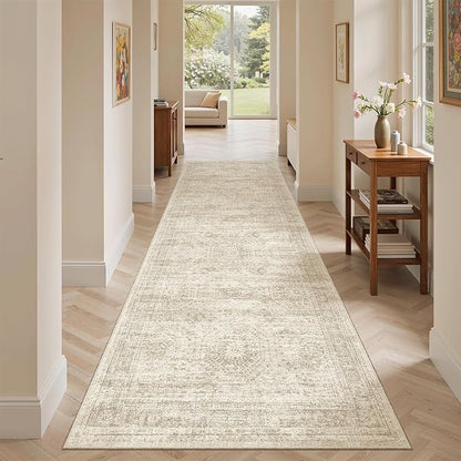 Washable Runner Rug, 2'6" x 8' Non-Slip Kitchen Vintage Foldable Hallway Runners for Entryway, Laundry, Bedroom, Beige