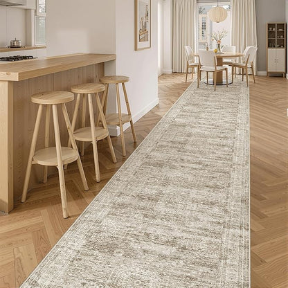 Runner Rug 2'6" x 16' Washable Non-Slip 2.5x16 ft Long Runner Rugs for Kitchen Bathroom Laundry Room Vintage Ultra Thin Runners for Hallway Entryway Brown